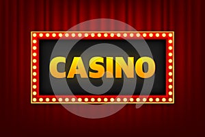 Casino in Retro lightbox with light bulbs on a silky luxury curtain stage. Vintage theater signboard mockup. Red