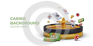 Casino roulette, money, playing cards, poker chips. Color realistic illustration on white background