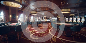 Casino with roulette and poker tables and slot machines. classic gamble games.