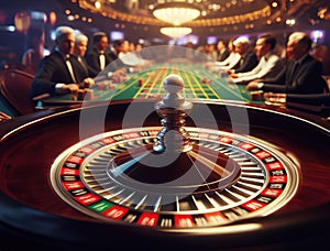 Casino roulette table closeup, golden wheel and gamblers around