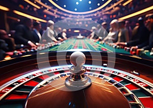 Casino roulette table closeup, golden wheel and gamblers around