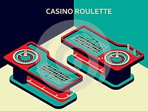 Casino roulette table in isometric flat style. Wheel, chips and dices