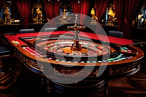 Casino roulette table with red curtains in the background. 3d rendering, Casino roulette wheel in motion on a colorful background