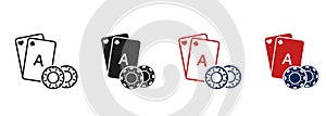 Casino Roulette in Vegas, Play Card with Poker Chip, Line and Silhouette Icon Set. Lucky Gambling, Blackjack, Bridge