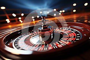 Casino roulette wheel catches falling cubes while poker chips in selective focus, gambling concept