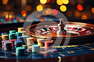 Casino roulette wheel catching falling cubes with poker chips in selective focus on gambling table