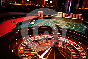 Casino roulette wheel and chips on a black background. 3d rendering, Casino roulette wheel in motion on a colorful background, AI