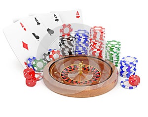 casino roulette wheel, chips, dice and cards for poker.