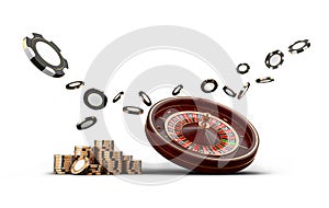 Casino roulette wheel chips isolated on white. Casino game 3D chips. Online casino banner. Black realistic chip