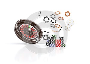 Casino roulette wheel chips isolated on white. Casino game 3D chips. Online casino banner. Black realistic chip