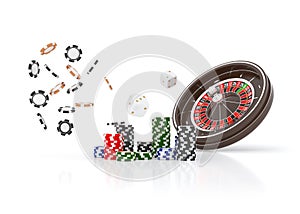 Casino roulette wheel chips isolated on white. Casino game 3D chips. Online casino banner. Black realistic chip