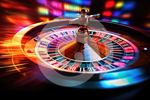 Casino roulette wheel on colorful bokeh background. 3d illustration, Casino roulette wheel in motion on a colorful background, AI