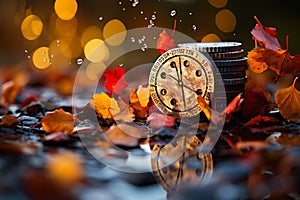 Casino roulette wheel with cubes falling and poker chips in selective focus on gambling table