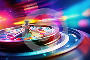 Casino roulette wheel on dark background. 3d render illustration, Casino roulette wheel in motion on a colorful background, AI