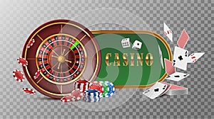 Casino roulette wheel with flying cards, poker chips and dice. Isolated on dark background.