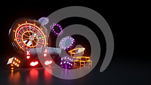Casino Roulette Wheel and Four Aces Poker Cards - 3D Illustration