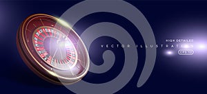 Casino roulette wheel isolated on blue background. 3d realistic vector illustration. Online poker casino roulette