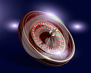 Casino roulette wheel isolated on blue background. 3d realistic vector illustration. Online poker casino roulette