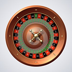 Casino roulette wheel. Isolated gambling wooden red spin, lucky game jackpot. 3D realistic roulette spin wheel