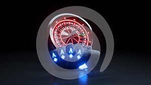 Casino Roulette Wheel and Poker Cards Four Aces In Spades Gambling Concept - 3D Illustration