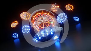 Casino Roulette Wheel and Poker Cards Royal Flush In Clubs Gambling Concept - 3D Illustration