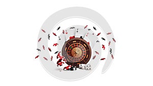 Casino Roulette wheel with poker chips and playing cards isolated on white background. Big win in roulette