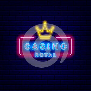 Casino royal neon sign with crown. Game of chance badge. Gambling concept. Vector stock illustration