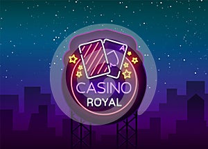 Casino Royal Neon Sign. Neon logo, emblem gambling, bright banner, neon casino advertising for your projects. Night