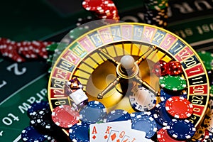 Casino set with Roulette, cards, dice and chips