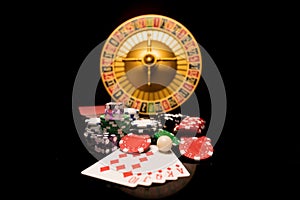 Casino set with Roulette, cards, dice and chips