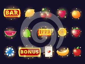 Casino slot icons. Digital gambling app, ui ux design icon. Virtual games signs, user bar buttons. Victory and cherries