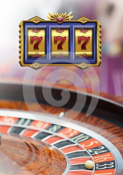 Casino slot machine 7's in front of roulette