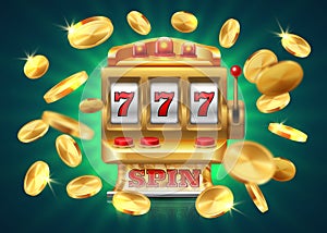 Casino slot machine. 777 jackpot, winning game lottery background, flying golden coins. Vector golden machine