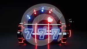 Casino Slot Machine and Aces Playing Cards With Glowing Lights Isolated On The Black Background - 3D Illustration