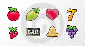 Casino slot machine icon symbol vector fruit cherry jackpot seven bell game lemon
