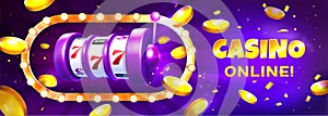 Casino slot machine with lights frame and golden realistic explosion coins