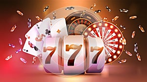 Casino slot machine, Wheel Fortune, Roulette wheel, poker chips and playing cards in orange scene. Casino poster for your arts