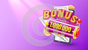 Casino slots machine winner, jackpot fortune bonus 1000000, 777 win banner. Vector