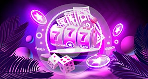 Casino slots machine winner, jackpot fortune of luck, 777 win banner. Vector