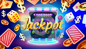 Casino slots machine winner, jackpot fortune of luck, 777 win banner. Vector