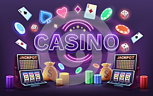 Casino slots machine winner, jackpot fortune, win banner. Vector illustration