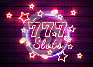 Casino slots signs. Neon logos slot machine gambling emblem, the bright banner neon casino for your projects. Night