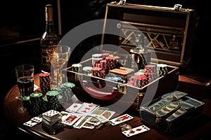 Casino still life with deck of playing cards, poker chips, bottle of whiskey, glass of whiskey on dark background, Now the only