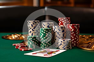 Casino Table with Poker Cards and Chips. AI