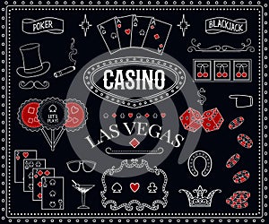 Casino theme. Decorative design elements on chalkboard. Gambling symbols.