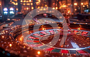 Casino theme. Gambling games. Roulette dice and poker chips on the roulette table with red and black numbers.