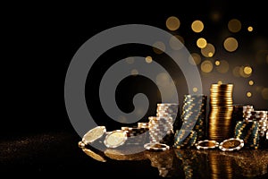 Casino theme: playing cards, chips and golden coins on black background, Concept of casino game poker, card playing, gambling