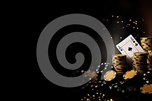 Casino theme: playing cards, chips and golden coins on black background, Concept of casino game poker, card playing, gambling