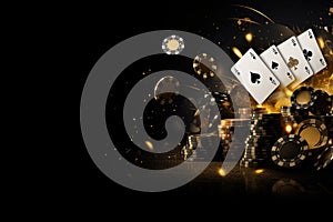 Casino theme: playing cards, chips and golden coins on black background, Concept of casino game poker, card playing, gambling