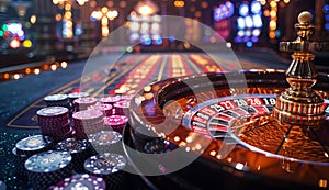 Casino theme. Roulette wheel in motion and bright and colorful background